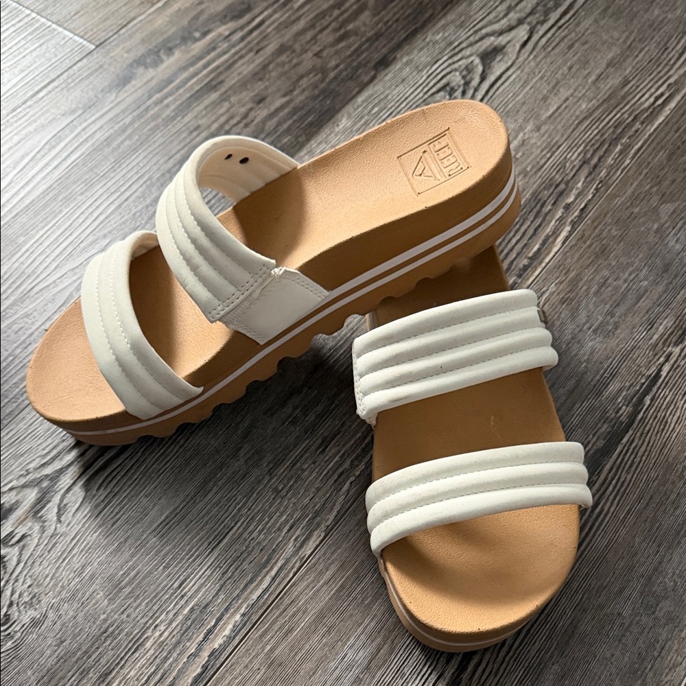Reef White and Tan Slide Sandals